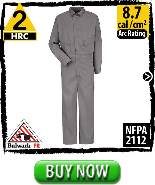 FRC Clothing, including 100% FR Cotton Fire Resistant Coveralls CLD4GY  by Bulwark come in a variety of colors and various protection levels. These particular flame resistant coveralls are HRC 2, but FR clothes and FR gear range from a hazard risk assessment rating of HRC level 1 to HRC level 4. Arc ratings for FRC Clothes vary by garment.
