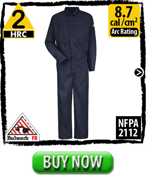 FRC Clothing, including FR cotton+Nylon Resistant Coveralls CLD4NV  by Bulwark come in a variety of colors and various protection levels. These particular flame resistant coveralls are HRC 2, but FR clothes and FR gear range from a hazard risk assessment rating of HRC level 1 to HRC level 4. Arc ratings for FR Clothing vary by garment.