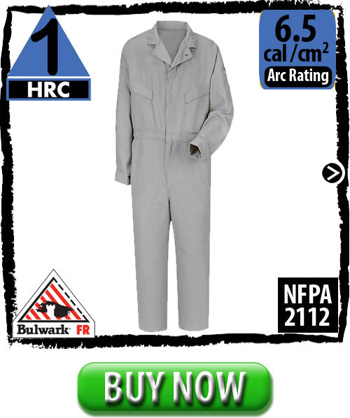 FRC Clothing, including Synthetic Nomex Fire Resistant Coveralls CMD4GY  by Bulwark come in a variety of colors and various protection levels. These particular flame resistant coveralls are HRC 2, but FR clothes and FR gear range from a hazard risk assessment rating of HRC level 1 to HRC level 4. Arc ratings for Fire Retardant Clothing vary by garment.