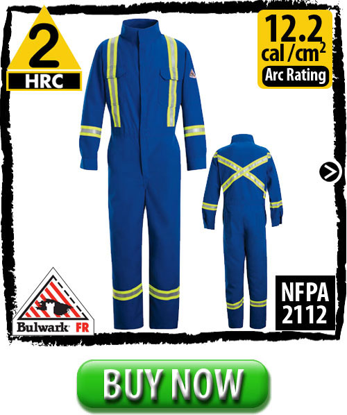 FRC Clothing, including 100% FR Cotton Fire Resistant Coveralls CLBTRB  by Bulwark come in a variety of colors and various protection levels. These particular flame resistant coveralls are HRC 2, but FR clothes and FR gear range from a hazard risk assessment rating of HRC level 1 to HRC level 4. Arc ratings for FR Clothes vary by garment.